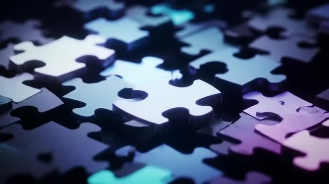 Abstract background of interconnected jigsaw puzzle pieces symbolizing the complexity of a glowing digital network