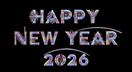Happy new year 2026 text with sparkling holographic effect on black background
