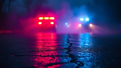 Glowing emergency lights reflecting on wet pavement at night, creating a dramatic atmosphere.