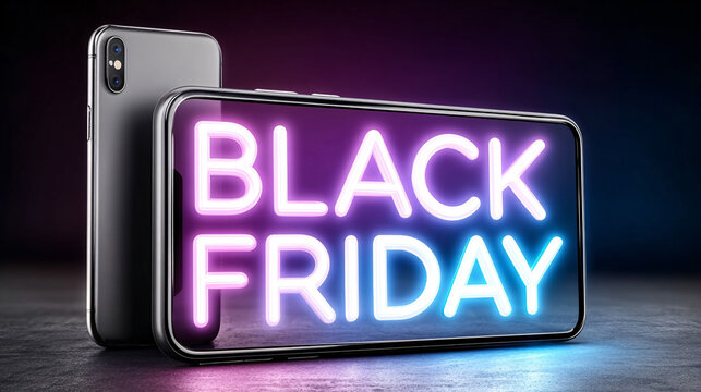 Purple pink neon BLACK FRIDAY text on smartphone device screen dark background
