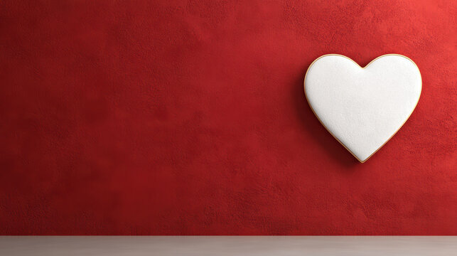 White heart pillow on red textured wall evoking cozy romantic mood