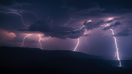 A dramatic lightning storm illuminates a dark landscape, capturing the raw power of nature with glowing cloud details.