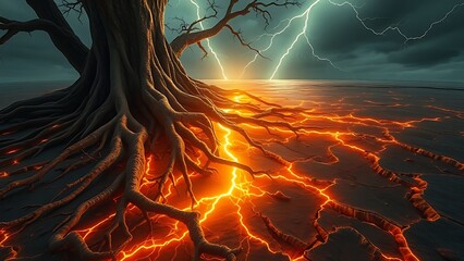 Ancient tree roots glowing beneath a cracked island surface, resembling buried lightning.