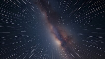 Star trails converging into a radiant point, piercing through the Milky Way in long exposure.