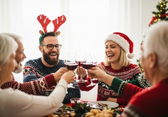 Happy family toasting with red wine at christmas dinner in decorated dining room