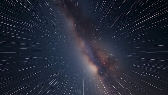 Star trails converging into a radiant point, piercing through the Milky Way in long exposure.