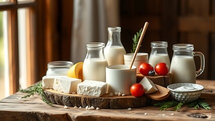 Fresh dairy products arranged artistically on a rustic wooden surface with warm morning light.