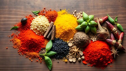 Colorful spices arranged artistically on a rustic wooden table.