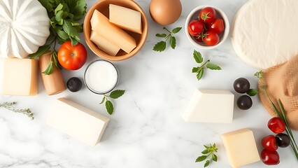 An array of fresh dairy products artfully arranged on a marble surface, showcasing natural textures.