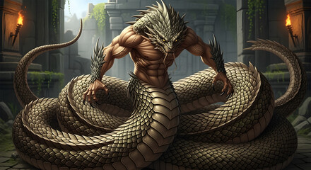 Terrifying reptilian humanoid creature with exposed muscles and skeletal claws ready for fantasy horror projects