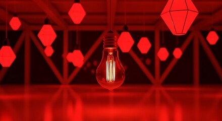 Red light bulb illumination surrounded by polygon shaped lighting fixtures