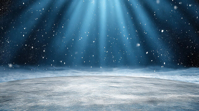 Fototapeta Snowy stage illuminated by blue spotlight with falling snow and frosted ground