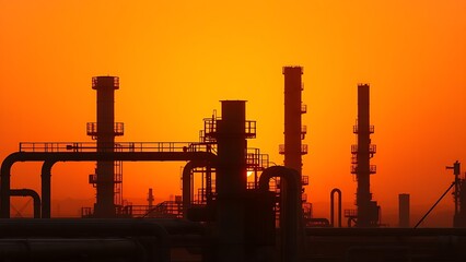 Industrial refinery at sunset with steel structures against a dramatic orange sky.