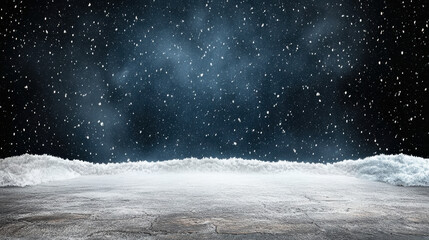 Snowfall night sky with snowy ground and distant snowdrift, serene winter scene