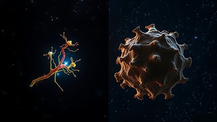 Two stem cells side by side—one vibrant on Earth, the other withered in starry space.
