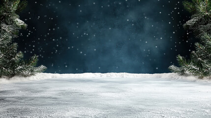 Fototapeta premium Snowy pine branches winter night with falling snow and empty foreground for text