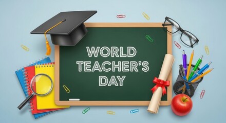 World teacher s day celebration with academic symbols and school supplies isolated on white background
