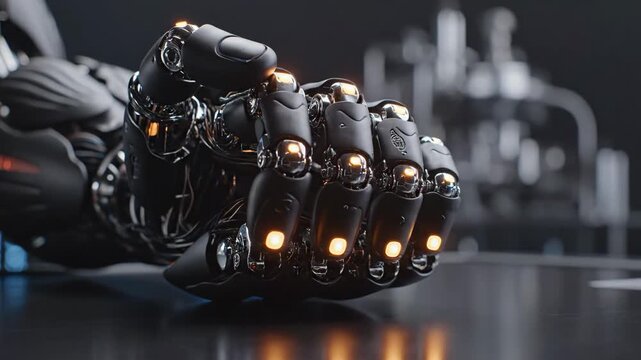 Biomechanical Robotic Hand Close Up - This video shows a close-up of a highly detailed biomechanical robotic hand, featuring a black exterior with chrome accents.