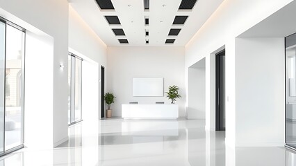 Contemporary office reception area with clean white walls and elegant architectural design.