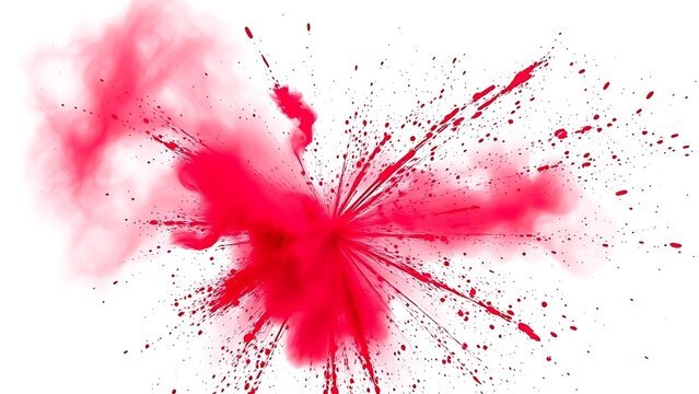 Vibrant red Holi powder explosion captured dynamically against a white background.