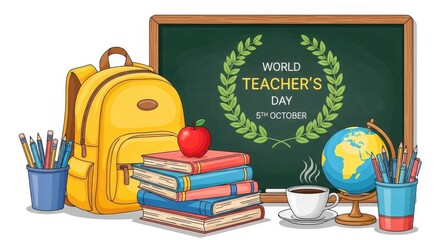 Happy teacher s day celebration scene with school supplies and blackboard decor isolated on white background