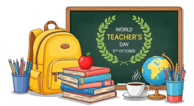 Happy teacher s day celebration scene with school supplies and blackboard decor isolated on white background