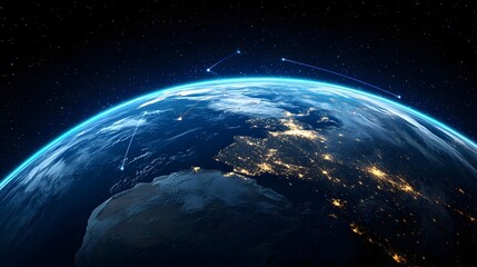Obraz premium This image portrays the Earth from space, highlighting city lights at night and communication lines connecting different points on the planet against a backdrop of stars.