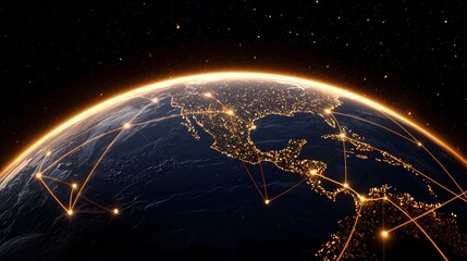 Obraz premium A view of Planet Earth in space is dominated by glowing orange connections bridging cities and regions, set against a dark expanse filled with stars.