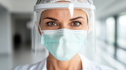 Nurse face shield mask protective equipment caring medical worker compassionate eyes