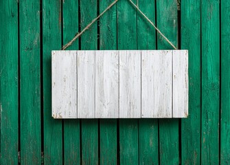 Horizontal blank white wooden sign on green wall