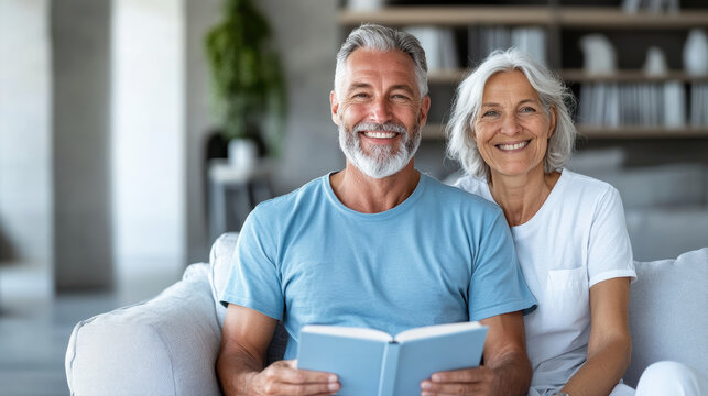 Smiling elderly couple reading book at home, cozy living room scene, warm connection