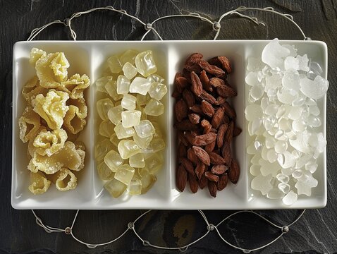 A white rectangular tray divided into four sections containing dried pasta, yellow candied fruit, almonds, and clear rock candy.