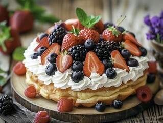 A layered cake topped with fresh berries, whipped cream, and mint leaves on a wooden board.