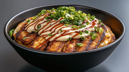 Fototapeta premium Okonomiyaki style savory pancake with mayo sauce swirl and chopped green onion