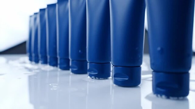 Blue Cosmetic Tubes in a Row - The video shows a line of dark blue cosmetic tubes arranged in a row, reflecting on a glossy white surface. There are small water droplets on the tubes and surface.