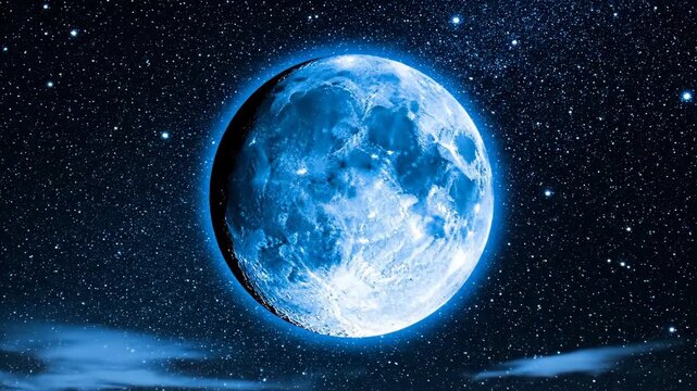 Blue Supermoon in Night Sky - A vibrant blue supermoon shines brightly against a black sky filled with stars, with a glowing blue halo surrounding it.
