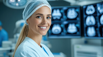 Smiling female surgeon in scrubs and cap in operating room with monitors