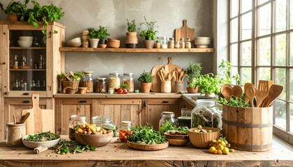 A rustic wooden kitchen filled with fresh herbs, vegetables, and cooking utensils in natural light.