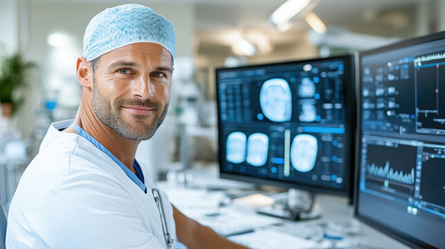 Surgeon medical monitor brain scan smiling confident in control