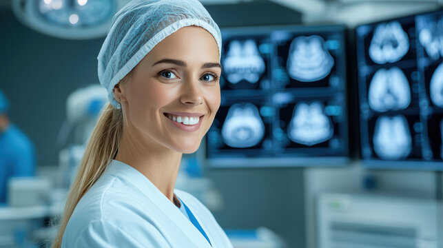 Smiling female surgeon in scrubs and cap in operating room with monitors - Powered by Adobe