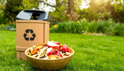 Food scraps in a wooden bowl next to a cardboard recycling bin on a green lawn, promoting composting and sustainability.