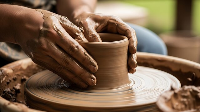 Hands shaping a clay pot on a pottery wheel
