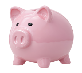 Classic pink ceramic piggy bank, isolated on transparent background
