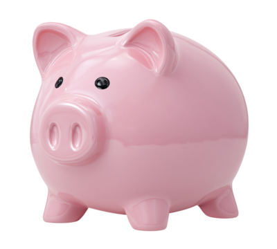 Classic pink ceramic piggy bank, isolated on transparent background