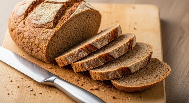 Freshly baked artisanal whole grain bread sliced on a wooden cutting board with a knife isolated on white background