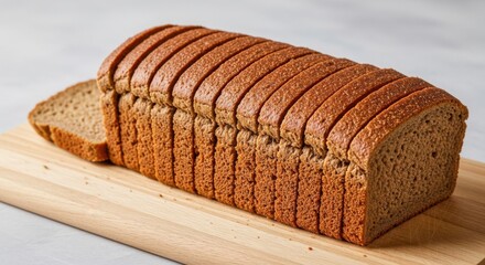 A freshly baked loaf of sliced whole wheat bread resting on a wooden cutting board isolated on white background
