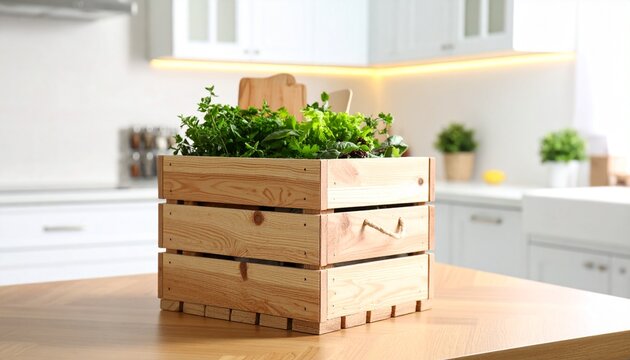 A rustic wooden crate repurposed as an indoor planter for fresh green herbs on a modern kitchen table. - Powered by Adobe