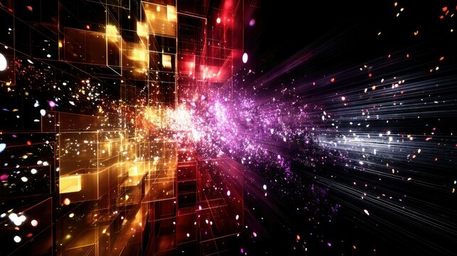 A 3D render of a digital grid structure with golden and red cubic shapes, exploding with vibrant purple and white light particles against a black background.