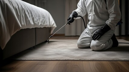 Exterminator spraying pesticide under bed for pest control