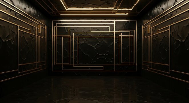 Empty square room with Modern abstract realistic black background with gold metal element. Golden geometric layout frame background